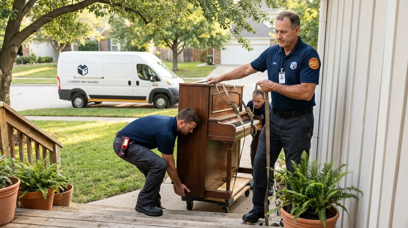 Licensed piano movers securing grand piano in Pemberville, OH