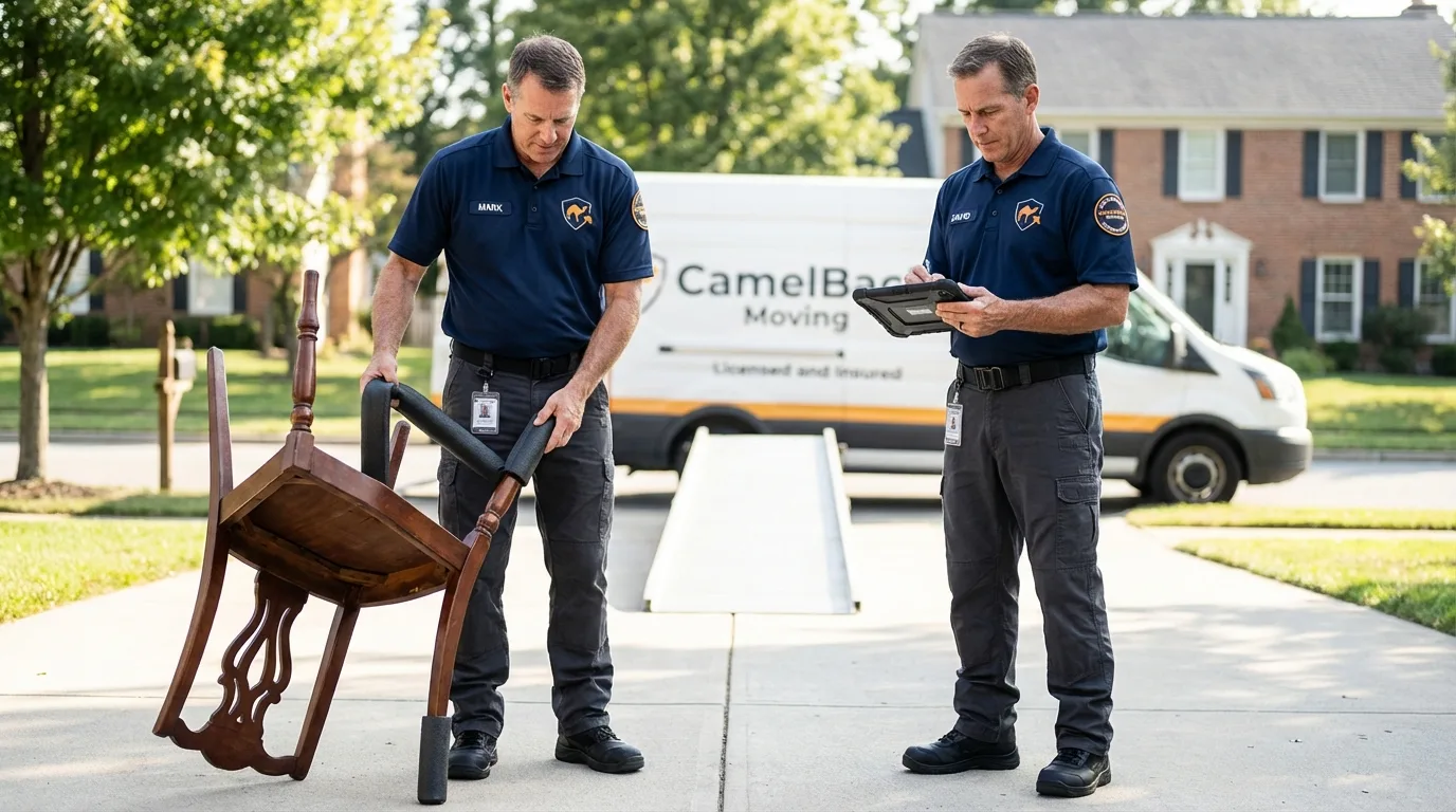 Movers inspecting furniture for damage prevention before loading in Pemberville, OH