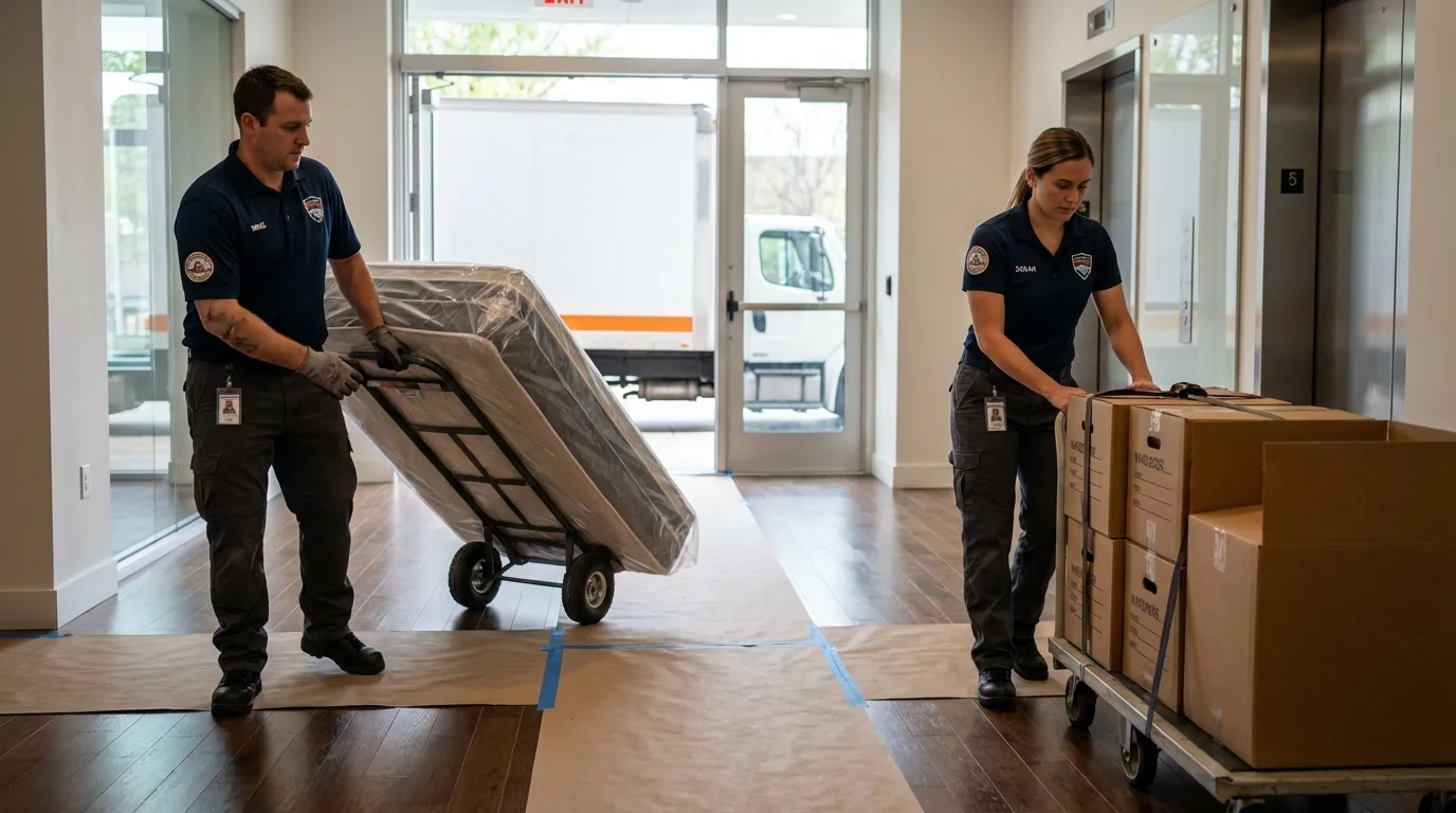 Professional apartment movers loading elevator in Pemberville, OH