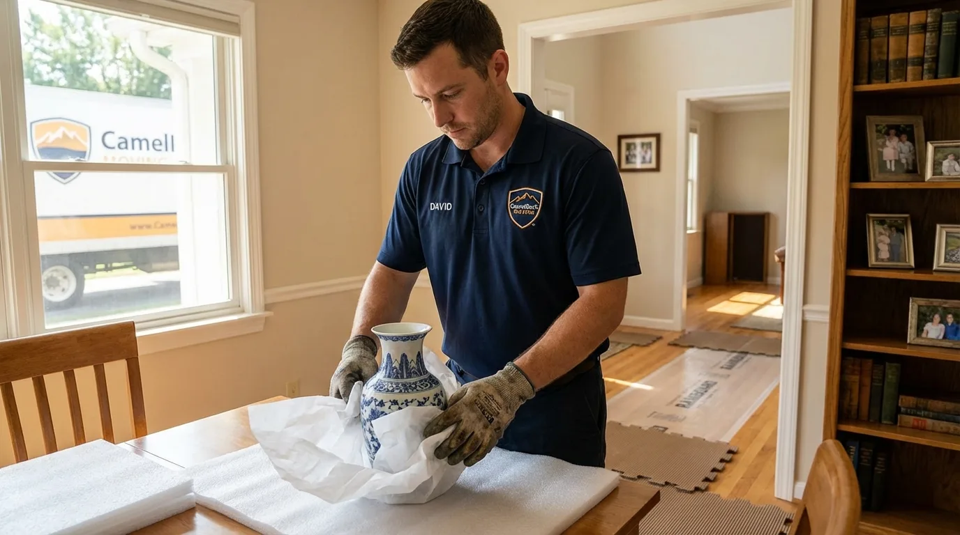 Professional crew carefully wrapping antique vase for senior downsizing move in Pemberville, OH